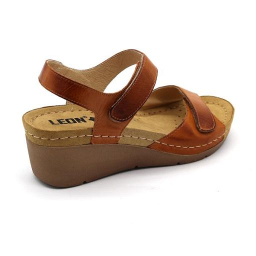 1041 LEON dupla tépőzáras női bőr szandál emelt talpon barna