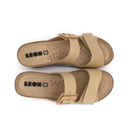 1110 LEON Emelt talpú női bőr papucs beige