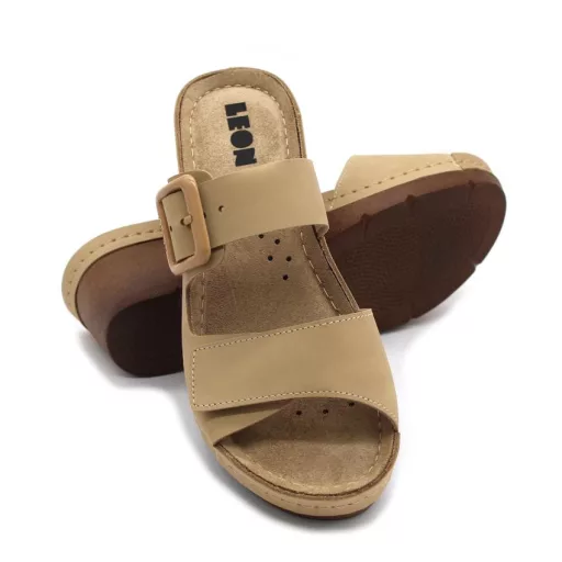1110 LEON Emelt talpú női bőr papucs beige