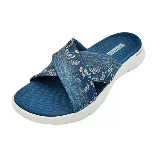 Skechers Go Walk Flex | Keresztpántos Skechers női papucs farmerkék pillangó mintás