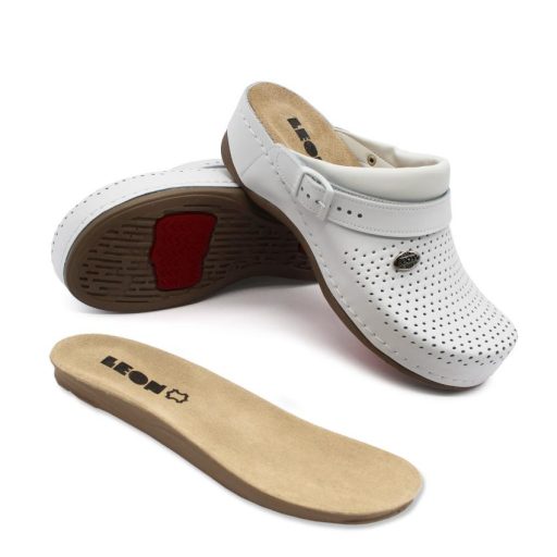 2023 Leon kivehető talpbetétes női bőr klumpa – munkavédelmi bevizsgálással fehér