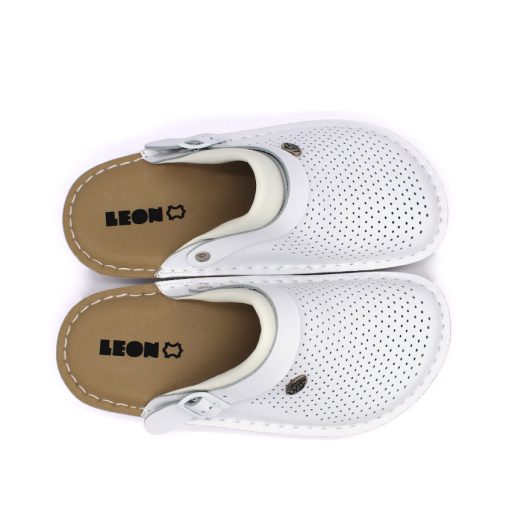 300 M Leon férfi munkavédelmi bőr klumpa – csúszásmentes, sarokpántos fehér
