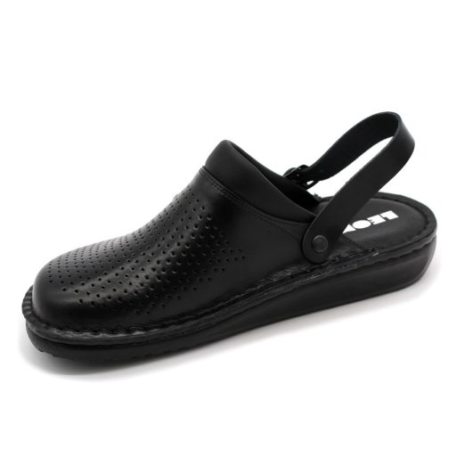 300 M Leon férfi munkavédelmi bőr klumpa – csúszásmentes, sarokpántos fekete