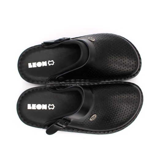 300 M Leon férfi munkavédelmi bőr klumpa – csúszásmentes, sarokpántos fekete