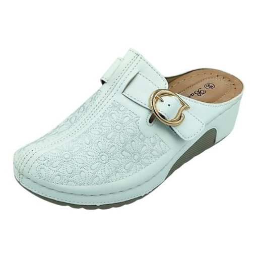 Divatos női klumpa virágmintás felsőrésszel – állítható csatos, kényelmi talppal fehér