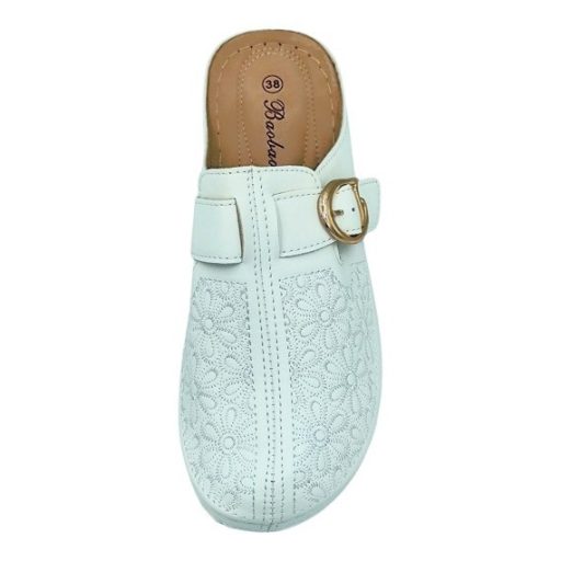 Divatos női klumpa virágmintás felsőrésszel – állítható csatos, kényelmi talppal fehér