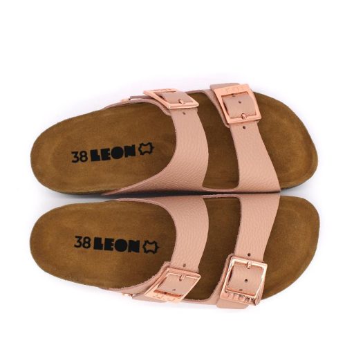 4014 Leon divatos női bőr papucs – dupla csatos, anatómiai rózsaszin