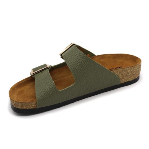 4014 Leon divatos női bőr papucs – dupla csatos, anatómiai zöld