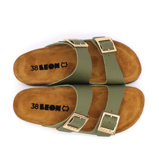 4014 Leon divatos női bőr papucs – dupla csatos, anatómiai zöld