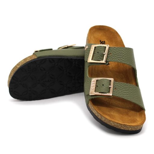 4014 Leon divatos női bőr papucs – dupla csatos, anatómiai zöld
