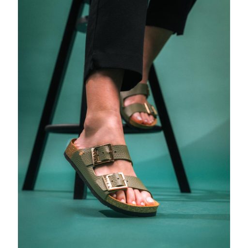 4014 Leon divatos női bőr papucs – dupla csatos, anatómiai zöld