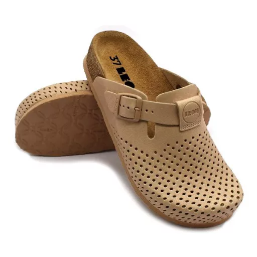 4250 LEON Comfort női csatos bőr klumpa parafa talpon beige