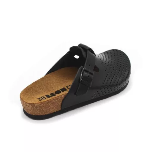 4250 LEON Comfort női csatos bőr klumpa parafa talpon fekete