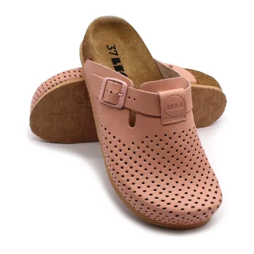 4250 LEON Comfort női csatos bőr klumpa parafa talpon rózsaszín