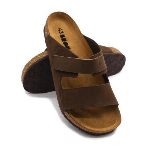 4704 LEON Férfi bőr papucs dupla tépőzáras parafa talpon barna