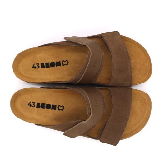 4704 LEON Férfi bőr papucs dupla tépőzáras parafa talpon barna