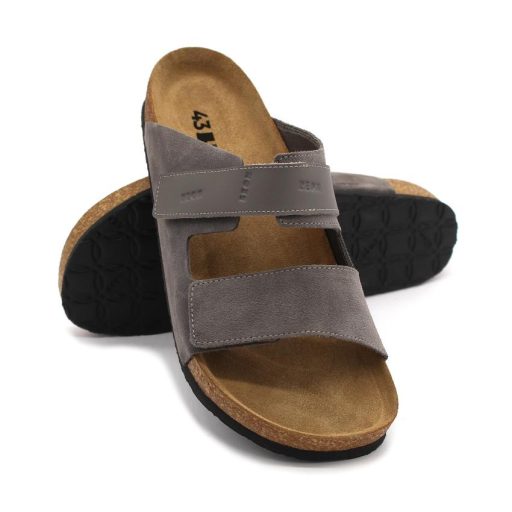 4704 LEON Férfi bőr papucs dupla tépőzáras parafa talpon szürke