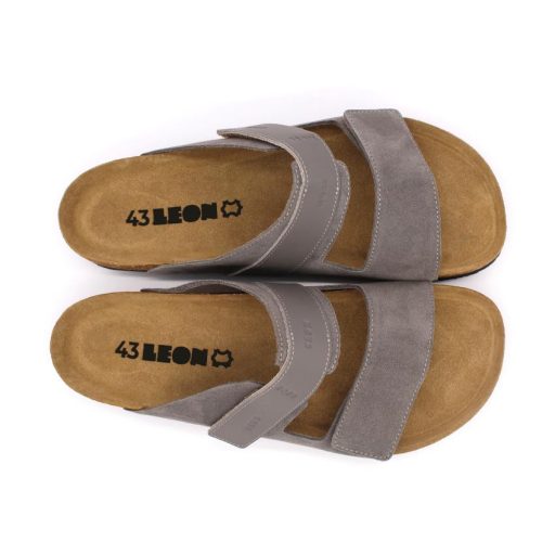4704 LEON Férfi bőr papucs dupla tépőzáras parafa talpon szürke