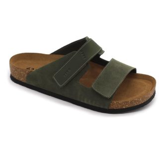   4704 LEON Férfi bőr papucs dupla tépőzáras parafa talpon zöld