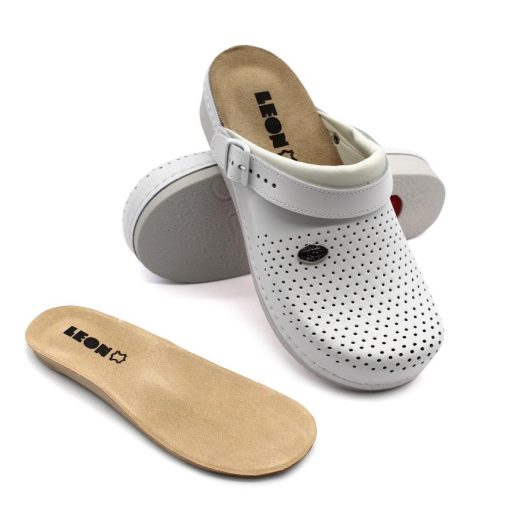 5002 Leon Comfort alacsony talpú, munkavédelmi bevizsgálással rendelkező női bőr klumpa – kivehető talpbetéttel fehér