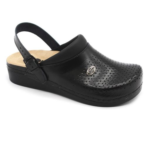 5002 Leon Comfort alacsony talpú, munkavédelmi bevizsgálással rendelkező női bőr klumpa – kivehető talpbetéttel fekete