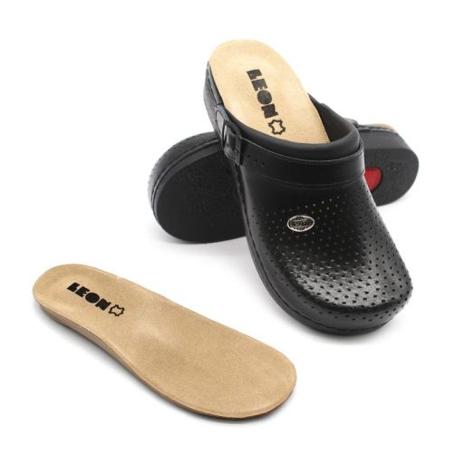 5002 Leon Comfort alacsony talpú, munkavédelmi bevizsgálással rendelkező női bőr klumpa – kivehető talpbetéttel fekete