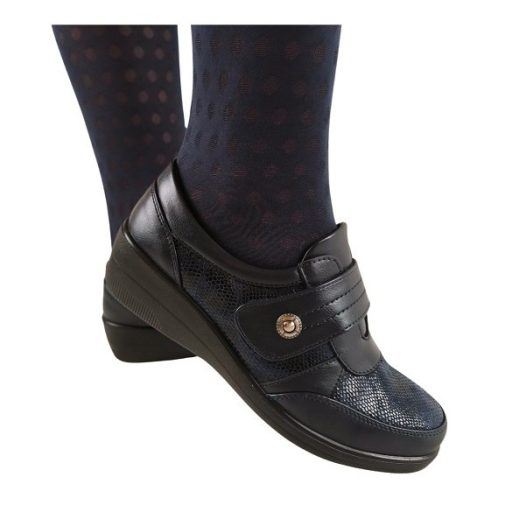 CLASSIC CHIC telitalpú sikkes bőr talpbetétes női tépőzáras kényelmi cipő sötétkék