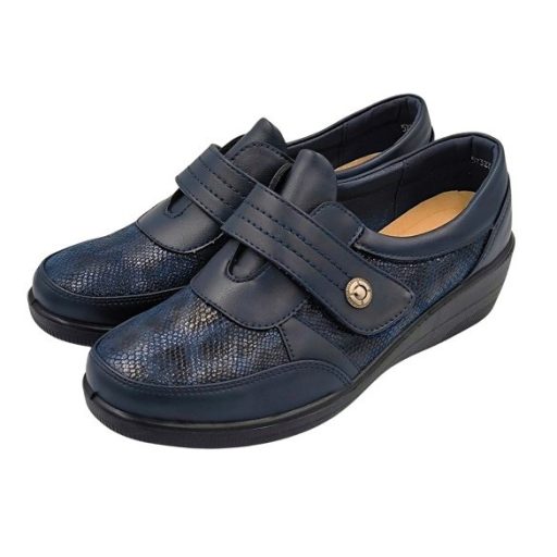 CLASSIC CHIC telitalpú sikkes bőr talpbetétes női tépőzáras kényelmi cipő sötétkék