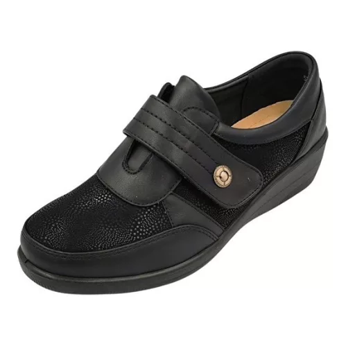 CLASSIC CHIC telitalpú sikkes bőr talpbetétes női tépőzáras kényelmi cipő fekete