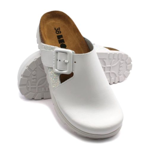 6005 LEON csillámos valódi bőr női gyógyklumpa bio talpon | fehér