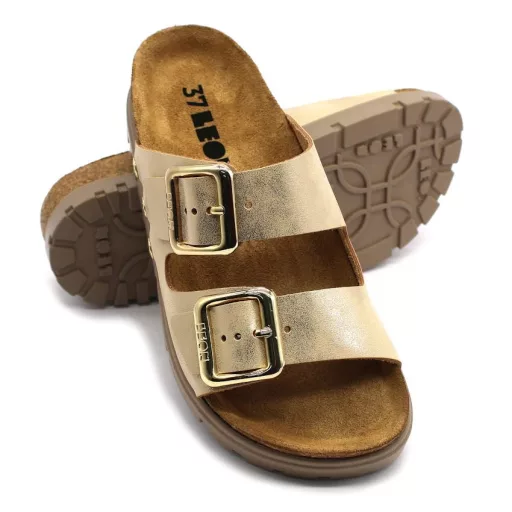 6010 LEON bőr magas talpú csatos női bio papucs arany