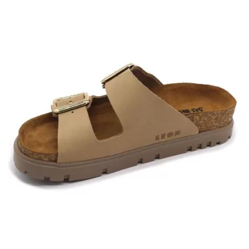 6011 LEON Divatos dupla csatos bőr papucs beige színben