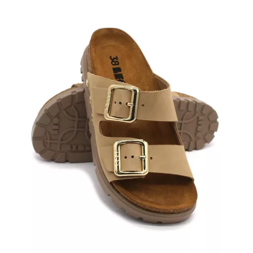6011 LEON Divatos dupla csatos bőr papucs beige színben