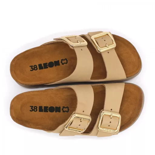 6011 LEON Divatos dupla csatos bőr papucs beige színben