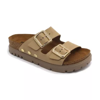 6011 LEON Divatos dupla csatos bőr papucs beige színben