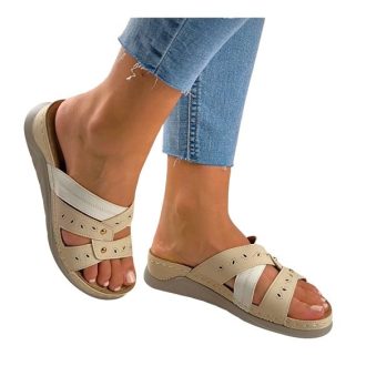 ELITE női keresztpántos papucs beige-fehér