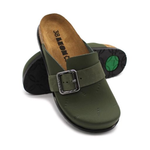 7000 LEON lapos talpú csatos valódi bőr női gyógyklumpa | zöld