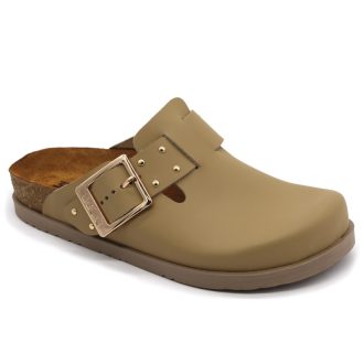   7002 Leon divatos női bőr klumpa – csatos, díszített, anatómiai talppal beige