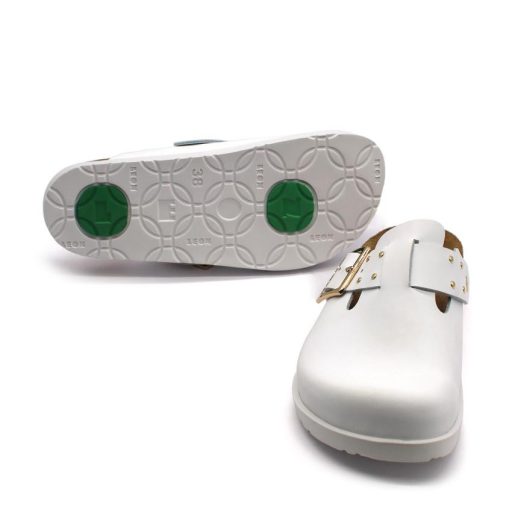 7002 Leon divatos női bőr klumpa – csatos, díszített, anatómiai talppal fehér
