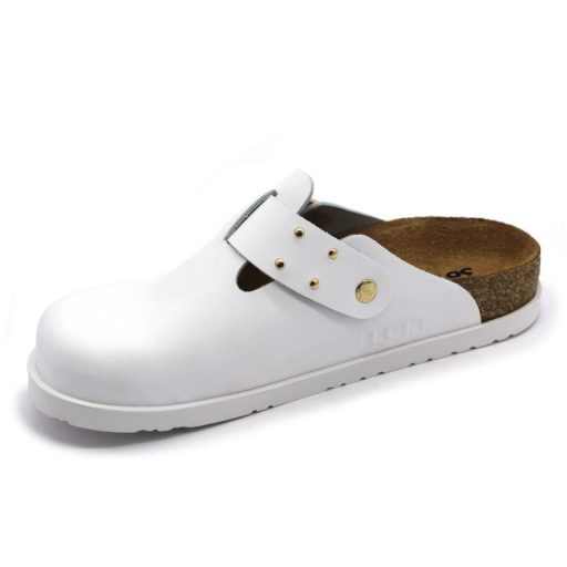 7002 Leon divatos női bőr klumpa – csatos, díszített, anatómiai talppal fehér