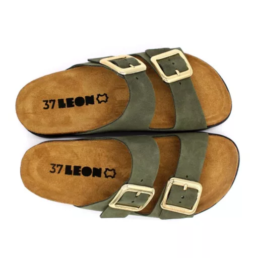 7010 LEON bőr csatos női bio papucs zöld