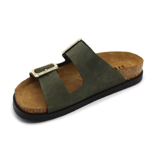 7010 LEON bőr csatos női bio papucs zöld