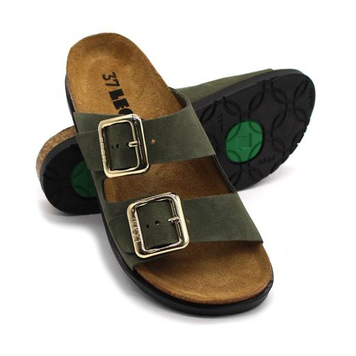 7010 LEON bőr csatos női bio papucs zöld