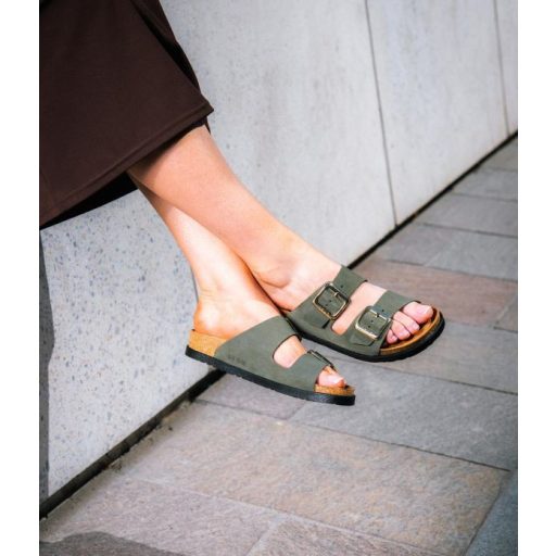 7010 LEON bőr csatos női bio papucs zöld