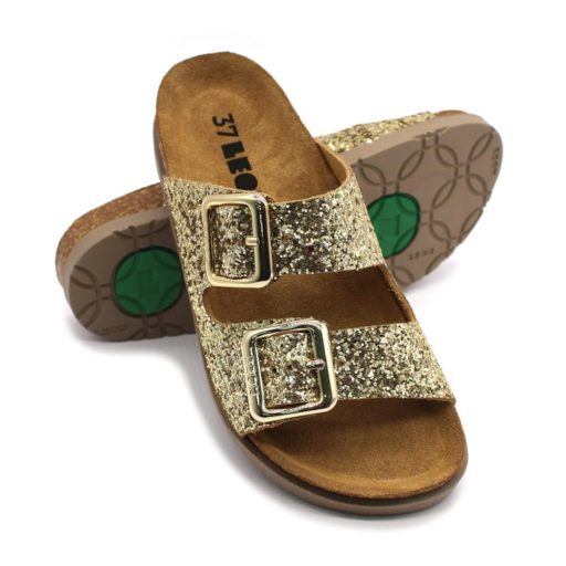 7011 LEON dupla csatos bőr papucs csillámos díszítéssel arany