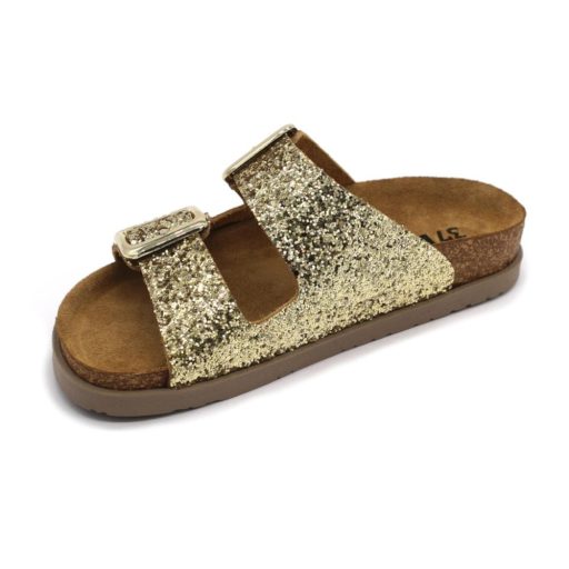 7011 LEON dupla csatos bőr papucs csillámos díszítéssel arany