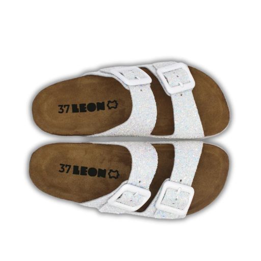 7011 LEON dupla csatos bőr papucs csillámos díszítéssel fehér