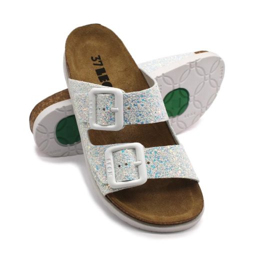 7011 LEON dupla csatos bőr papucs csillámos díszítéssel fehér