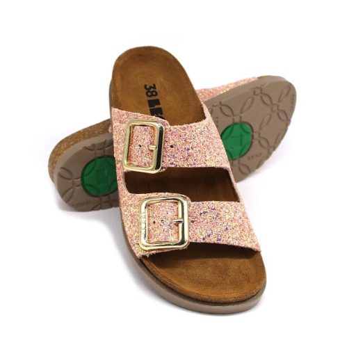 7011 LEON dupla csatos bőr papucs csillámos díszítéssel rózsaszín