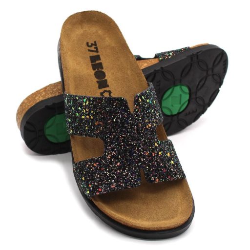 7030 LEON Egybefejű valódi bőr női papucs fekete | csillámos kollekció